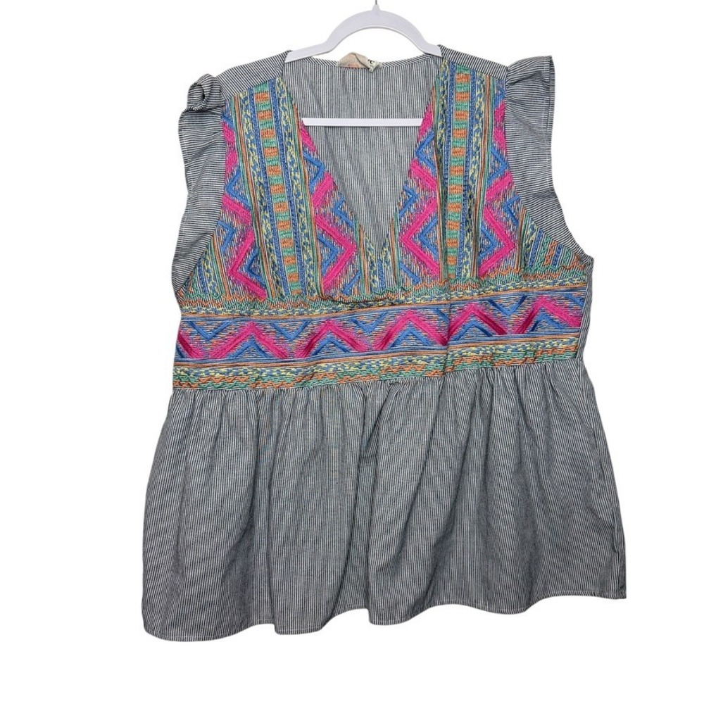 Savanna Jane Striped Embroidered Sleeveless Peplum Top Boho Festival Women 3X‎